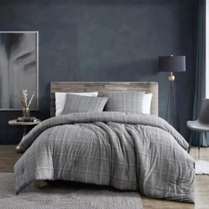 KENNETH COLE Soft Comforter 96" Cotton Bedroom Linen Plaid Classic in Beige - Picture 1 of 3