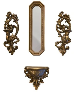Vintage HOMECO 1970s Gold Color Scroll Sconces Mirror Wall Planter Set Plastic - Picture 1 of 10