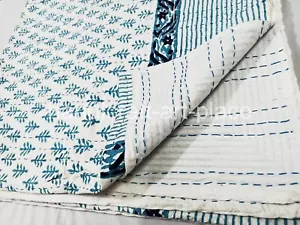 Unique Indian Hand Block Print Quilt Kantha King Size Bedspread Floral, Throw - Picture 1 of 8