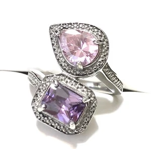 Stainless 316L Silver Tone Pink Purple FAUX Amethyst CZ Bypass Ring SZ 7.25 - Picture 1 of 7