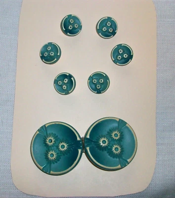 Vintage 40's 6 Buffed Celluloid Buttons & Rare Buckle Teal & Ivory Triad Design - Image 1 of 3