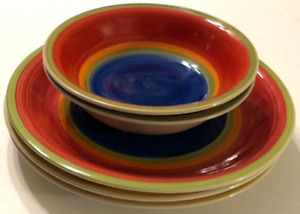 Lot 5 Royal Norfolk Mambo Dinner Plate Soup Bowl Circles Blue Red Stoneware New