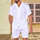 Men's Simple Solid Color Shortsleeve Shirts And Shorts Set Linen Material