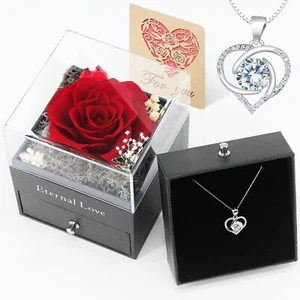 Preserved Eternal Real Rose Flower Gift Box With 14K Gold Plated Silver Necklace - Picture 1 of 14