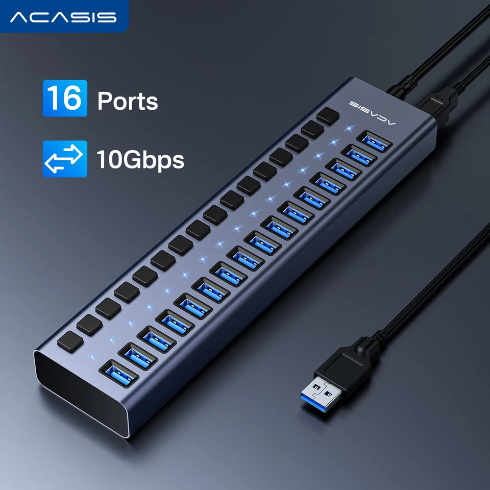 ACASIS 16 Porte Hub USB 3.1 Interruttore Singolo 12V7.5A 90W Adattatore di Alimentazione per PC Portatile - Immagine 1 di 4