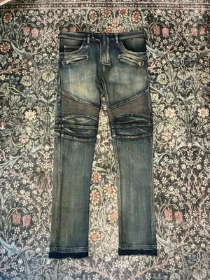 Jeans masculino Balmain azul desgastado com nervuras motociclista tamanho 34x33,5 - Imagem 1 de 4