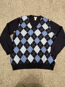 LL Bean Sweater Mens 2XLT Navy Blue Lambs Wool V Neck Jumper Argyle Diamond - Picture 1 of 3