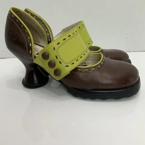 JOHN FLUEVOG Sz 6.5 Mini Zaza Brown Chartreuse Green Wide Strap Maryjane Pumps - Picture 1 of 11