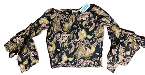 Vintage Y NOT FLIRT Damen Junior Glockenärmel Boho Top schwarz & gold Medium neu mit Etikett - Bild 1 von 6