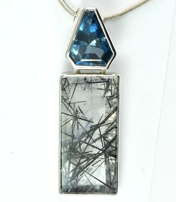 Artisan Made Tourmaline in Quartz & Blue Topaz Sterling Silver Pendant Necklace - Image 1 of 4
