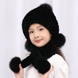 Children's Real Rex Rabbit Fur Hat Scarf Sets Winter Warm Beanie Cap Fox Pompom - Picture 1 of 23