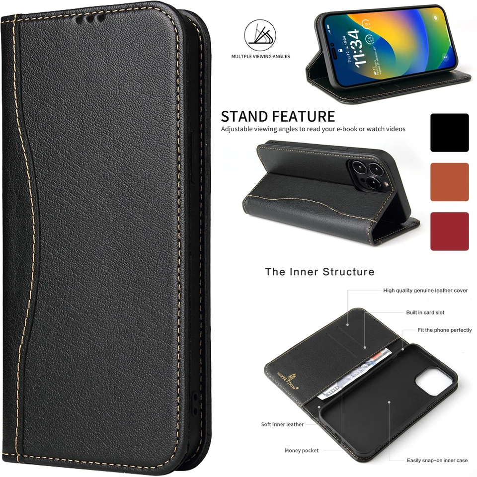Original Leather Flip Wallet Card Case For iPhone 16 15 14 Plus 13 12 11 Pro Max - Image 1 of 4