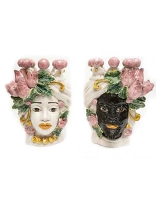 Coppia teste di moro h30 cm in ceramica di caltagirone sicilia tulipani rosa - Imagen 1 de 4