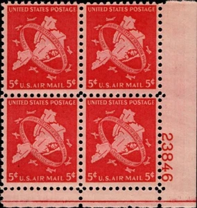 US Scott C38 1948 5c Airmail 2 Plate Blocks MINT-NH - Picture 1 of 2