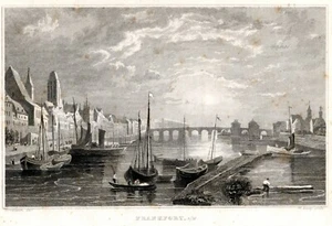 Frankfurt on the Main sailboats in harbor w stone bridge, 1840 Steel Engraving - Picture 1 of 3
