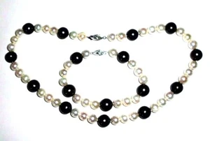 14K Weißgold Tahiti Schwarz & Südsee weiße Perlen Halskette & Armband 9-12m - Bild 1 von 10