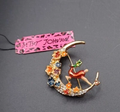 New Betsey Johnson Rhinestone Jumping Deer Over Moon Pin Brooch - Image 1 of 3