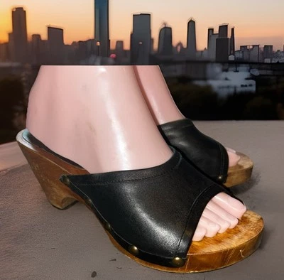 Vintage Y2K 90s Bongo Black Leather Wooden Clog Heels Sandal Sz 7 - Image 1 of 4