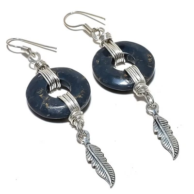 Copper Black Turquoise Gemstone 925 Sterling Silver Earring 2.8" B103 - Image 1 of 4