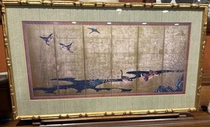 Gansos de pantalla plegable Byobu de seis paneles hoja de oro japonés vintage 33”X19” enmarcados - Imagen 1 de 18
