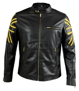 New Men’s Motorcycle Biker Cafe Racer UK Flag Black Real Leather Jacket - Picture 1 of 4