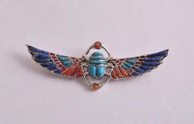 Broche argent scarabée égyptien, renaissance, turquoise, corail rouge, lapis-... - Photo 1/2