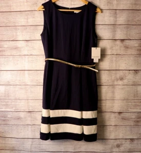 Calvin Klein Size 12 Navy Blue Sailor Pleated Dress Gold Belt New With Tags - Picture 1 of 9