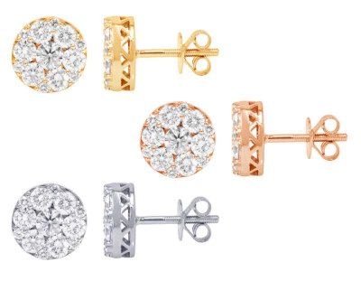 Aretes con racimo de diamantes reales Nova Solitaire de 2 quilates con racimo de diamantes de 10 mm de oro 14 K-EGL C... Foto 1 de 4