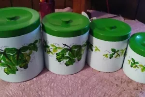 Vintage Green and White Metal Canister 4 Piece Set - Picture 1 of 4
