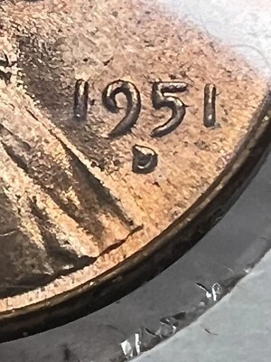 1951 D Lincoln Cent Filled Mint Mark Die Crack BU - Image 1 of 4