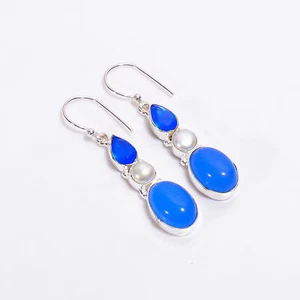 Blue Chalcedony Pearl Stone Fashion Jewelry 925 Silver Dangle Earrings 2" ARE371 - Picture 1 of 3