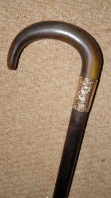 Antique Walking Stick / Cane - Bovine Horn Crook Handle & Repousse Gold Collar - Image 1 of 4