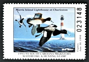 1993 South Carolina State "Hunter" Duck Stamp, SC13, Lesser Scaups + Lighthouse - Picture 1 of 2
