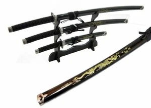 3 Pcs Samurai Japanese Swords Set w/ Stand "Perfect Gift for Dad & Son" - Picture 1 of 2