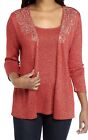 New RUBY RD Sweater Womens S Red Silver Embellished Knit Glitzy Holiday 2Fer Top
