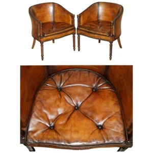 PAIR OF HAND DYED BROWN LEATHER THOMAS CHIPPENDALE CHESTERFIELD TUB ARMCHAIRS - Picture 1 of 24