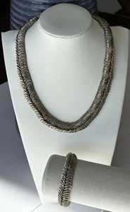 Set Bracciale Collana Vintage Argento Artigianale Boho Coiled Link Statement - Foto 1 di 14