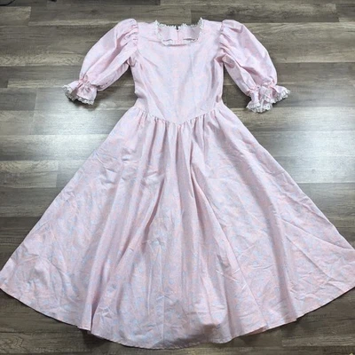 Vestido De Colección Años 80 Hecho a Mano Cottagecore Pradera Rosa Floral Encaje Manga Abullonada Talla S Foto 1 de 4