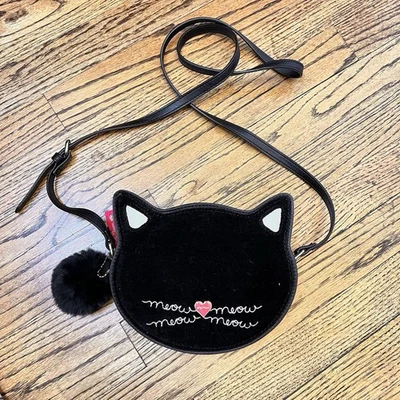Bolso Cartera Lily Bloom Cara de Gato Pequeño Negro Rosa Terciopelo Limpio RARO Correa Larga Foto 1 de 4