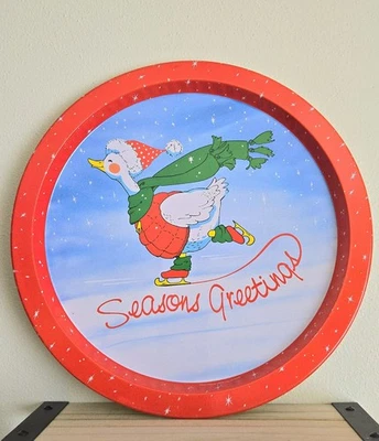 Bandeja de metal vintage de Navidad plato patinaje ganso estaciones saludos 13" Foto 1 de 3