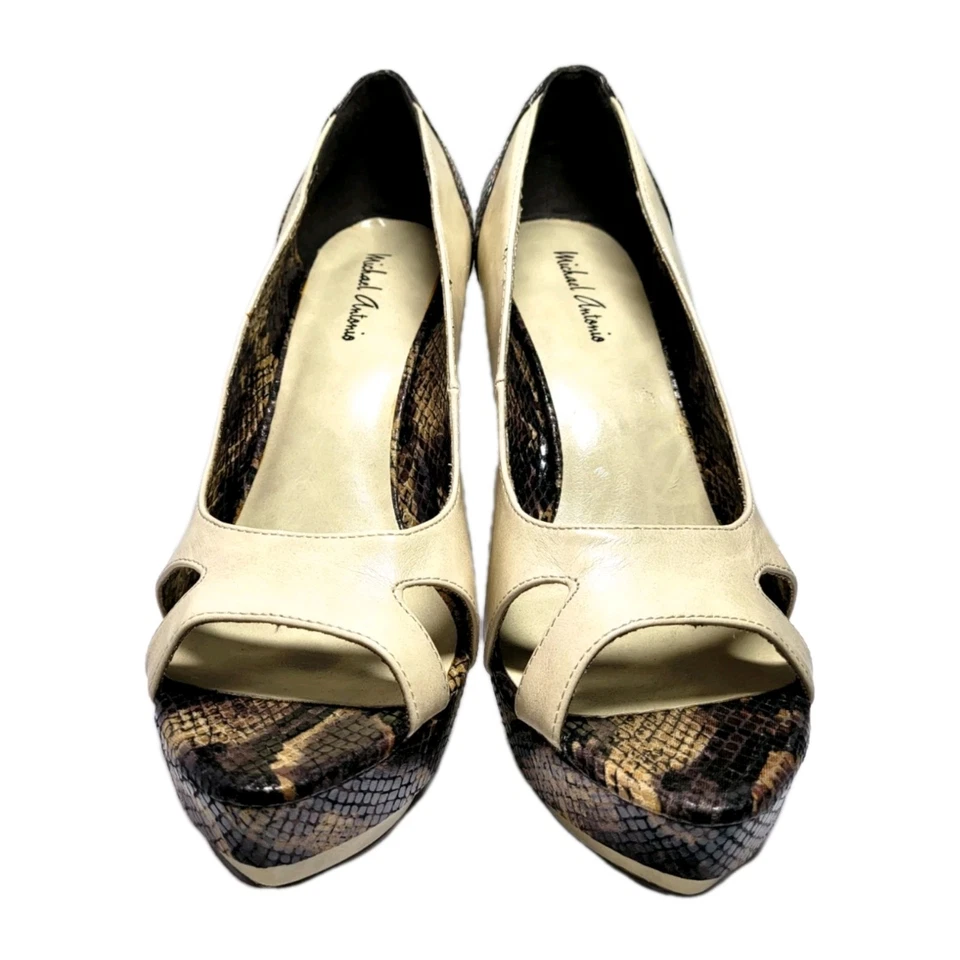 Zapatos Michael Antonio Crema y Marrón Piel de Serpiente Stiletto Plataforma Tacones Talla 10 Foto 1 de 4