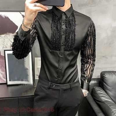Men's Fashion Lace Korean Slim Fit Shirts Casual Wedding Button Dress Shirts - Image 1 of 4