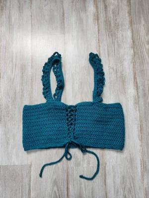 Corbata corta hecha a mano crochet verde azulado corbata frontal sin mangas correas anchas talla M Foto 1 de 4