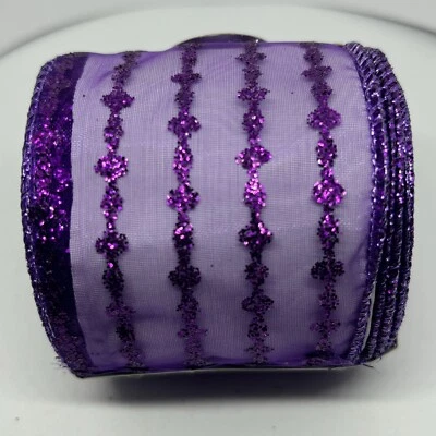 New 2.5" x 25' Wired Ribbon Sheer Lavender With Purple Glitter Pattern - Image 1 of 3