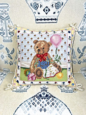 Katha Diddel Birthday Bear BABY SHOWER GIFT IDEA Needlepoint Pillow 10x10
