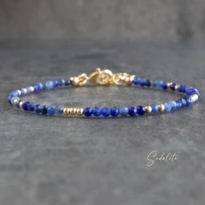 A++ Natural Lapis Lazuli Faceted Round Gemstone Gold Filled Beads 6-8" Bracelet - Image 1 of 4