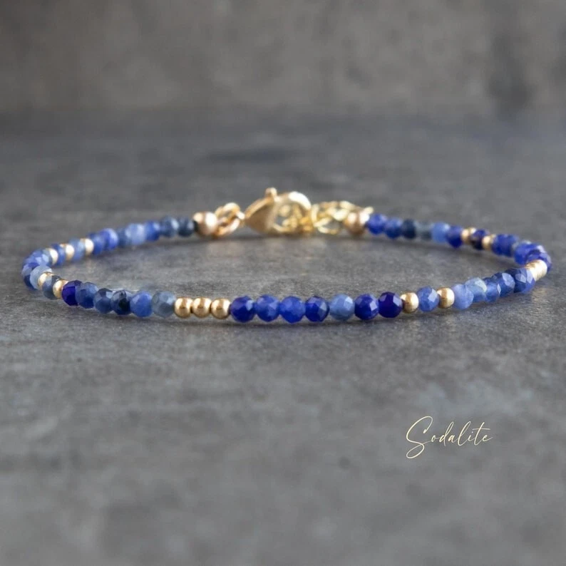 A++ Natural Lapis Lazuli Faceted Round Gemstone Gold Filled Beads 6-8" Bracelet - Image 1 of 4