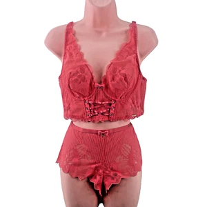 Figleaves Curve Stripey Lace Bra and Short Set Size 36C and UK 12, Coral - Picture 1 of 18