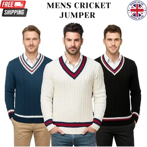 Mens V Neck Long Sleeve Cable Knit Cricket Jumper Pullover Sweater UK Size 8-22 - Picture 1 of 9