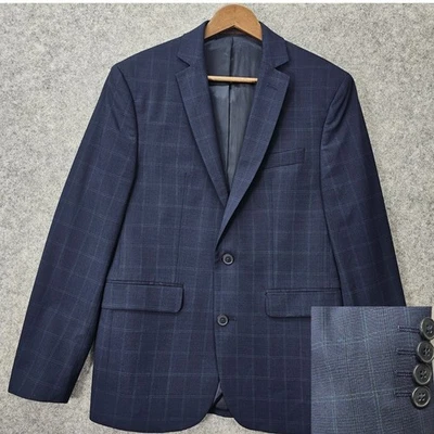 Mens Navy Sport Coat 34S XS Blue Glen Plaid Stretch Slim Blazer 1670 Short Light - Image 1 of 4